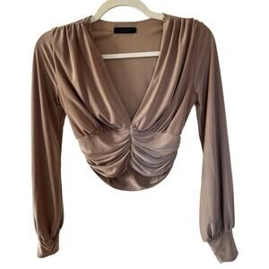 21 Saints Ruched Long Sleeve V Neck Crop Top Gold Brown - XS/S Sateen Glam
